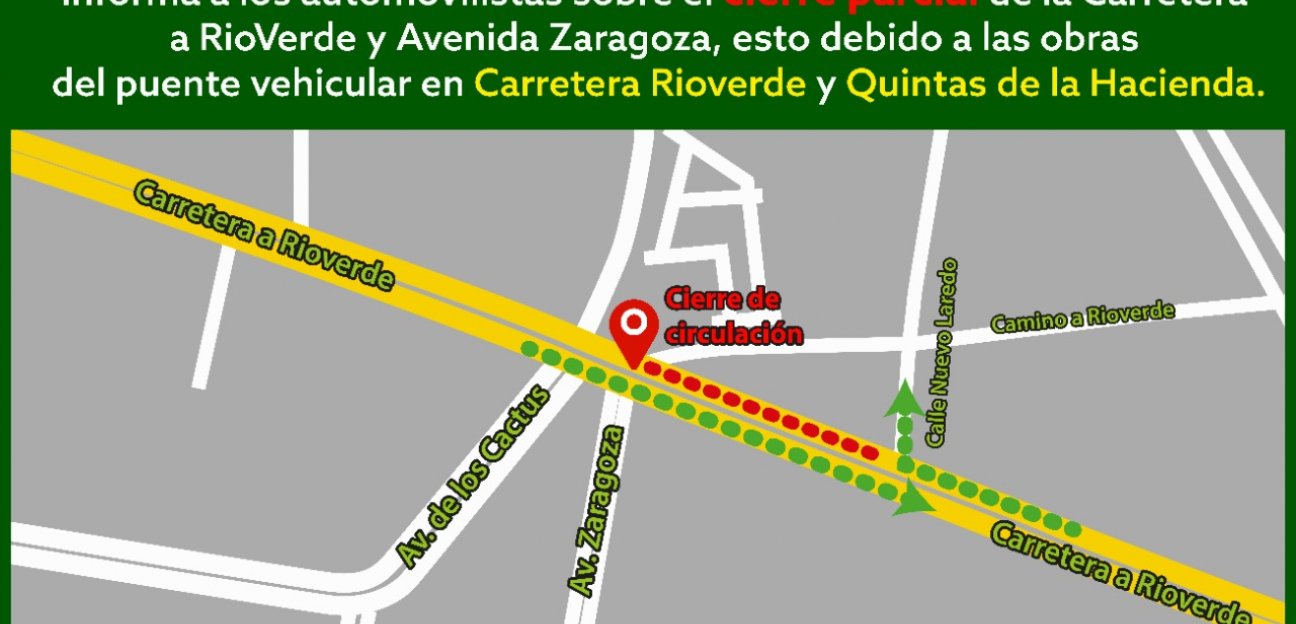 Dirección de Tránsito anuncia cierre de vialidades en Carretera Rioverde por inicio de obra